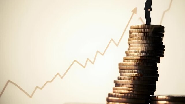 Silhouette Person on Golden Coin Stack with Growing Arrow on Beige Background