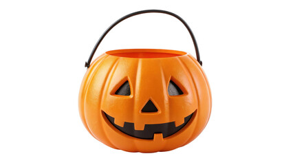Bright orange classic plastic jack o lantern candy bucket festive halloween decoration isolated on transparent background