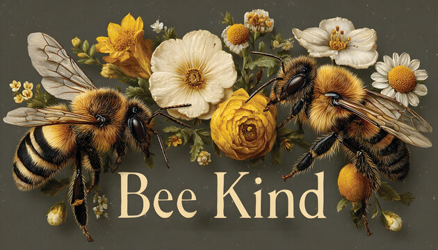 Vintage Floral Graphic with Two Bees and "Bee Kind" Typography