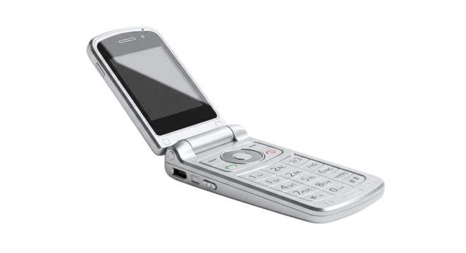 A silver flip phone isolated on transparent background, a classic mobile communication device with a hinged design, blending nostalgia with functionality