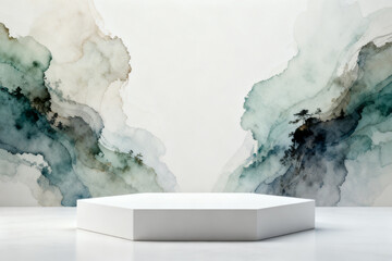 White hexagonal pedestal on a reflective surface with abstract watercolor background