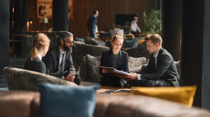 Business professionals discussing project in hotel lounge 
