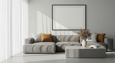 Spacious living room with a sectional sofa, coffee table, and a large framed artwork near a sheer curtain