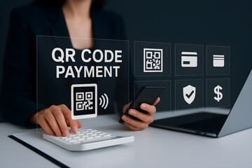 QR Code Payments Dashboard – A dashboard illustrating QR-based transactions, scanning interface, and integration with retail and digital finance.