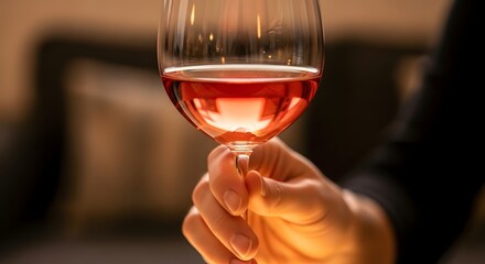 Elegant hand holding a glass of ros? wine in a cozy, softly lit living room setting