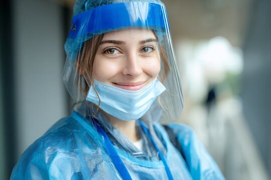 Portrait of a female healthcare worker wearing personal protective equipment and smiling at the camera