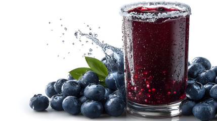 Glass of blueberry juice with fresh blueberries and water splash on a white background
