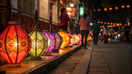 Naklejka premium Colorful Lanterns Illuminate a Street in Hoi An Vietnam at Night