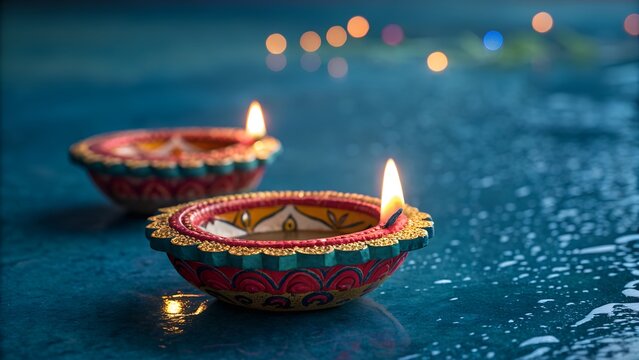 Diwali Lamps on a Blue Surface with Bokeh Lights in Background