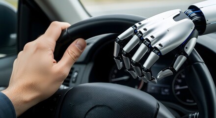 A human hand gripping a steering wheel alongside a robotic hand, showcasing advanced automation in vehicles