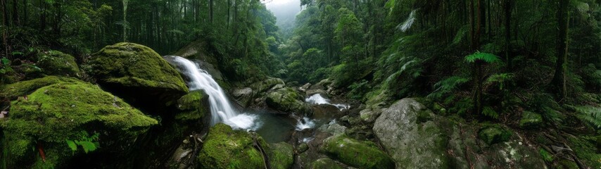 Lush rainforest waterfall hdri panoramic scene tranquil nature vibrant environment serene viewpoint