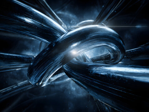 Futuristic metallic double helix structure intertwines in cosmic space environment, glowing with blue light and evoking sense of mystery and innovation