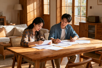 Fototapeta premium A couple reviewing documents together at a wooden table in a well-lit living room.