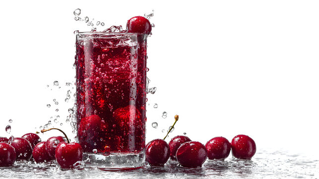 Fresh cherries splashing into a glass of dark red liquid with water droplets