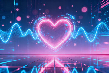 Neon heart glowing with digital wave patterns in a futuristic cyber space