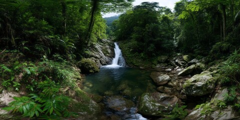 Obraz premium Lush rainforest waterfall tropical forest hdri panoramic view serene nature 360-degree landscape