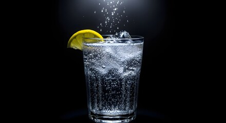 Refreshing glass of sparkling water with lemon slice, illuminated against a dark background