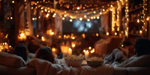 Three friends sitting on a couch, watching a movie on a projector, with popcorn in front of them.