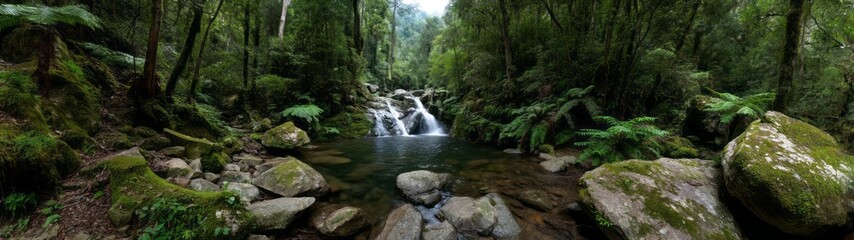Fototapeta premium Lush rainforest waterfall in hdr panoramic view exported 360-degree experience