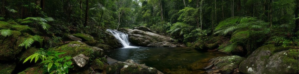 Naklejka premium Lush rainforest waterfall nature scene hdr panorama serene environment 360-degree viewpoint