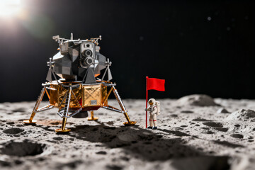 Astronaut and lunar module on the moon surface with a red flag planted nearby