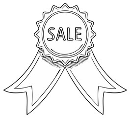 Hand Drawn Sale Badge with Ribbon, Retail Special Offer Design Element, Outline Illustration