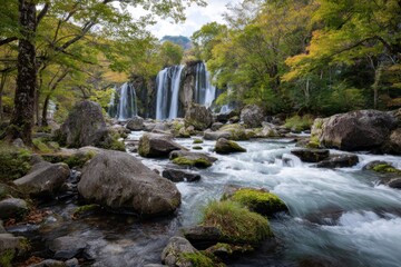 A tranquil waterfall cascading over rocks in a lush autumnal forest, showcasing the interplay of water, stone, and trees.