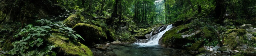 Naklejka premium Lush rainforest waterfall hdri panoramic environment map 360-degree viewpoint of nature
