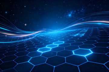 Abstract blue digital technology background with glowing hexagons and futuristic lines