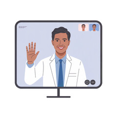 smiling doctor waves during an online telemedicine consultation