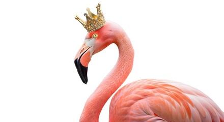 Obraz premium A regal flamingo adorned with a golden crown, showcasing its vibrant plumage against a white backdrop