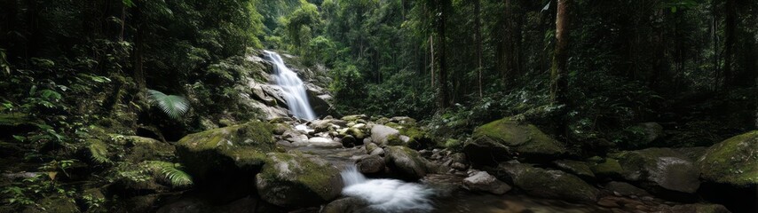 Fototapeta premium Lush rainforest waterfall hdri panoramic view equirectangular environment map