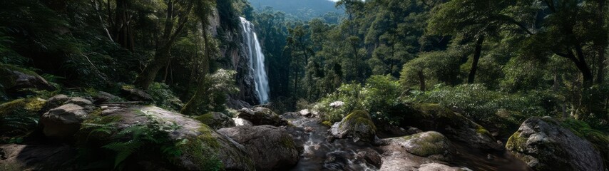 Obraz premium Lush rainforest waterfall hdri panoramic view nature environment 360-degree equirectangular scene
