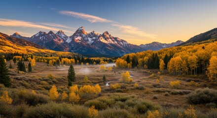 Serene autumn landscape featuring majestic snow-capped mountains and vibrant fall foliage