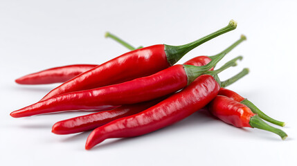 Close-up of several fresh red chili peppers with green stems, isolated on a white background. - AI-generated image
