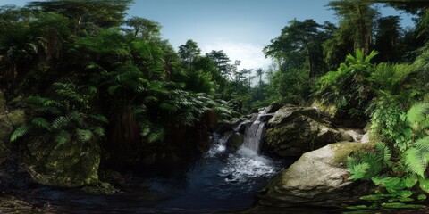 Fototapeta premium Exported waterfall in lush rainforest hdri panoramic view vibrant nature serene environment