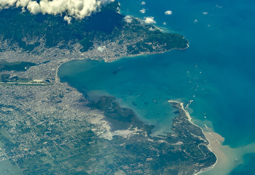 aerial landscape view of area around city of Cap-Ha&iuml;tien with Cap-Ha&iuml;tien International Airport, located on the north coast of Republic of Haiti on the island of Hispaniola in the Caribbean Sea