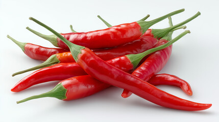 Close-up of several fresh red chili peppers with green stems, isolated on a white background. - AI-generated image
