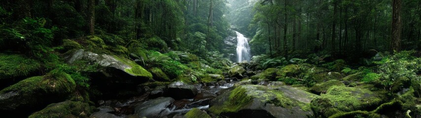 Fototapeta premium Waterfall surrounded by lush rainforest hdr panoramic view nature serene environment