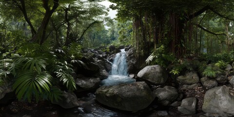 Lush rainforest waterfall hdri panoramic view tropical nature scene vibrant environment