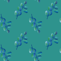 Beautiful blue and green eucalyptus on green background, seamless floral botanical pattern. Digital watercolor hand drawn. For fabric, textiles, wrappers, covers, women, girls, accessories, gifts