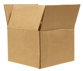 Close-up small open blank brown cardboard box isolated clipping path on white background.
