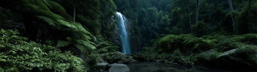 Obraz premium Lush rainforest waterfall hdr panoramic view serene nature environment 360-degree perspective