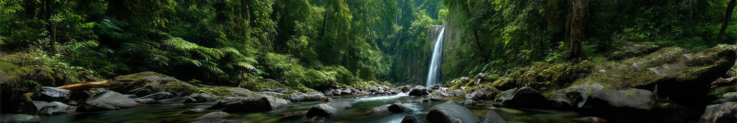 Fototapeta premium Lush rainforest waterfall hdri panoramic view nature exploration tropical environment