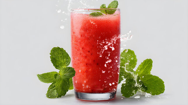 Refreshing Watermelon Juice with Mint and Splashing Water Against a Light Background