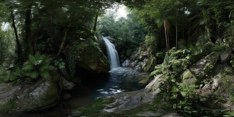 Obraz premium Lush rainforest waterfall hdri panoramic view serene nature scene 360-degree landscape