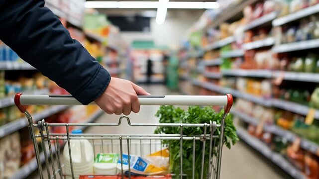 Person's hand pushing a shopping cart filled with groceries, including vegetables, inside a bright supermarket aisle with various products on display.