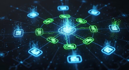 Abstract digital illustration of interconnected nodes and data streams, representing a network.
