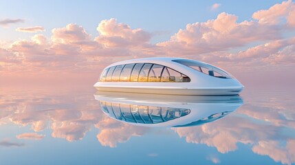 A sleek water capsule glides over a calm ocean at golden hour, showcasing its innovative design for future transport