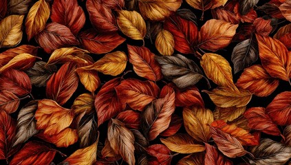 A detailed design of autumn leaves in warm colors, showcasing a textured pattern against a dark background.